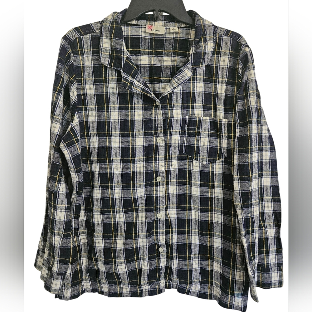 L.L. Bean Button Down Womens Blue Green Scotch Plaid Flannel PJ Top XLP Petite